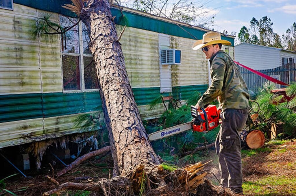 Storm-damaged tree leaning against a residential home before emergency tree removal service in Hazelwood, MO.