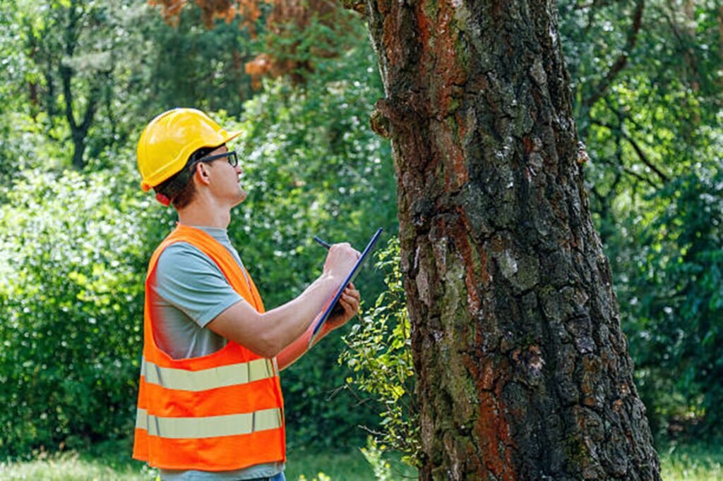 Certified arborist inspecting a storm-damaged tree to evaluate safety risks and recommend professional tree care services in Hazelwood, MO.