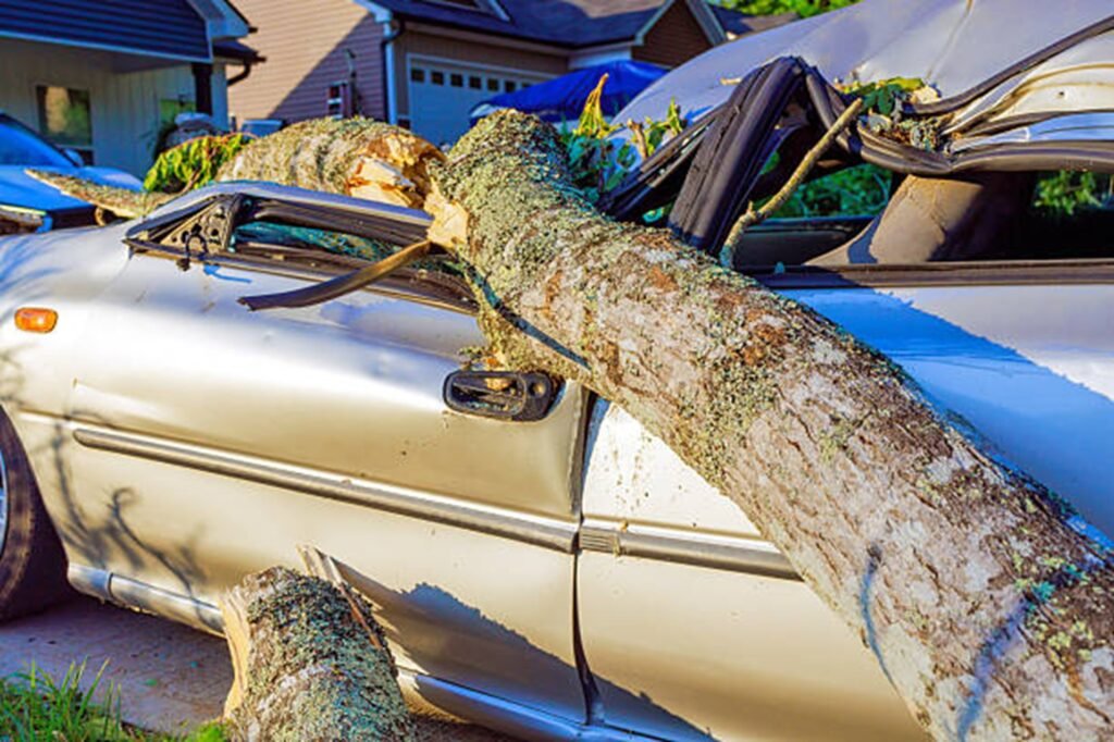 Large fallen tree crushing a parked vehicle after a severe storm, highlighting the need for professional storm damage cleanup in Hazelwood, MO.